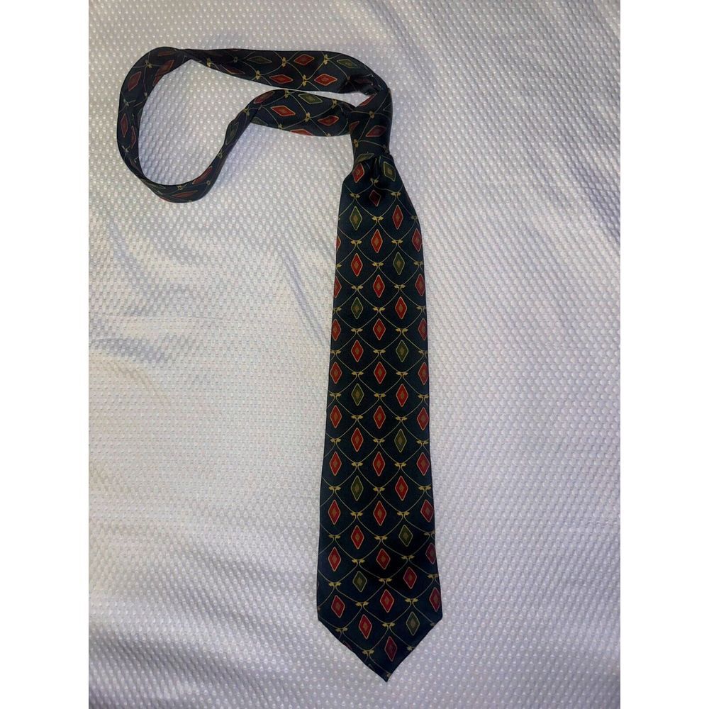 Vintage 1980's Bass Holiday 100% Silk Tie Diamond Shapes‎ Holiday Colors Preppy